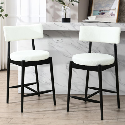 Mid Century Modern Bar Stools, Black Of 2, Boucle Upholstered, High - Density Foam Cushion, Rubber Wood Legs, For Kitchen Bistro Comfortable Upholstery, Frame, Multiple Dining Areas