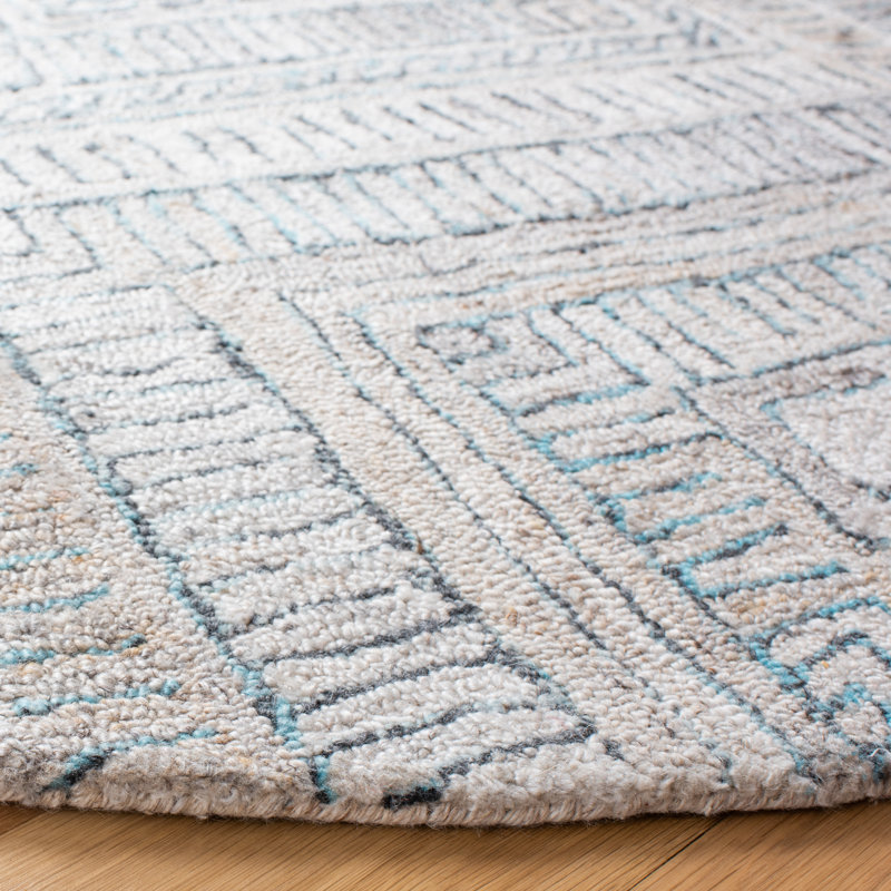 Turquoise and Beige Hand-Tufted Wool Geometric Square Rug
