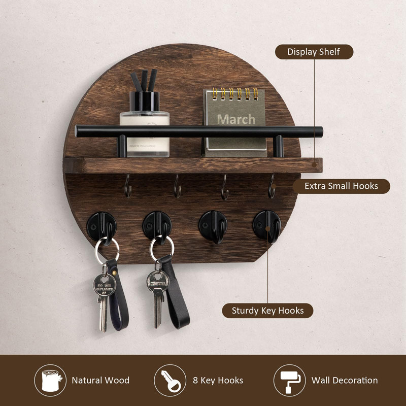 Manufactured Wood Wall Organizer with Key Hooks, Brown