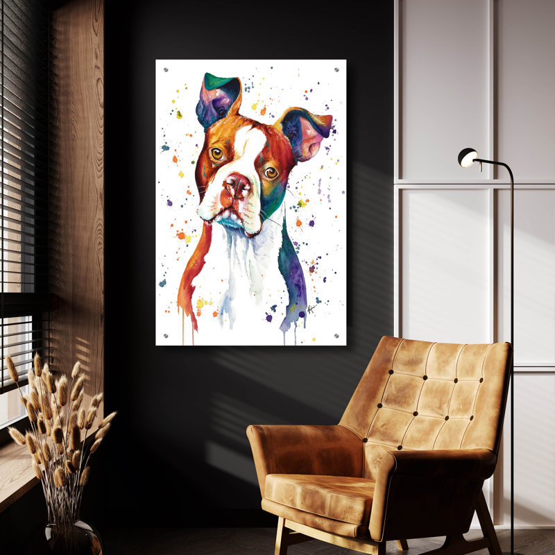Art mural en verre Red Barrel Studio «Rainbow Dogs Red Boston Terrier» par Lindsay Kivi, H 36 po x l 24 po x P 0,2 cm