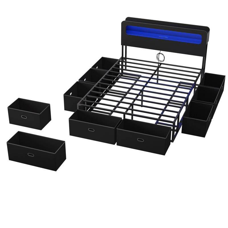 Structure de lit grand format avec rangement à 2 niveaux et tête de lit à DEL, station de charge, port USB et type C, avec 8 tiroirs de rangement sous le lit en tissu, sans sommier, noir
