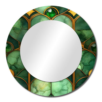 Emerald Tiled Opulence – Glam Round Wall Mirror, Metal Print