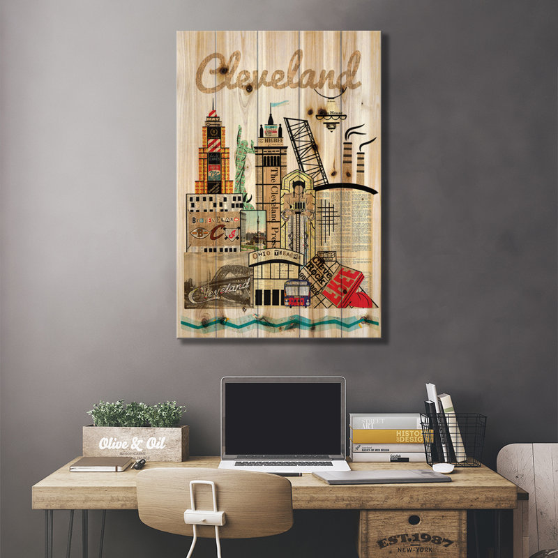 «Cleveland Skyline» par Paper Cutz, impression sur bois sans cadre, L 26 po x H 40 po