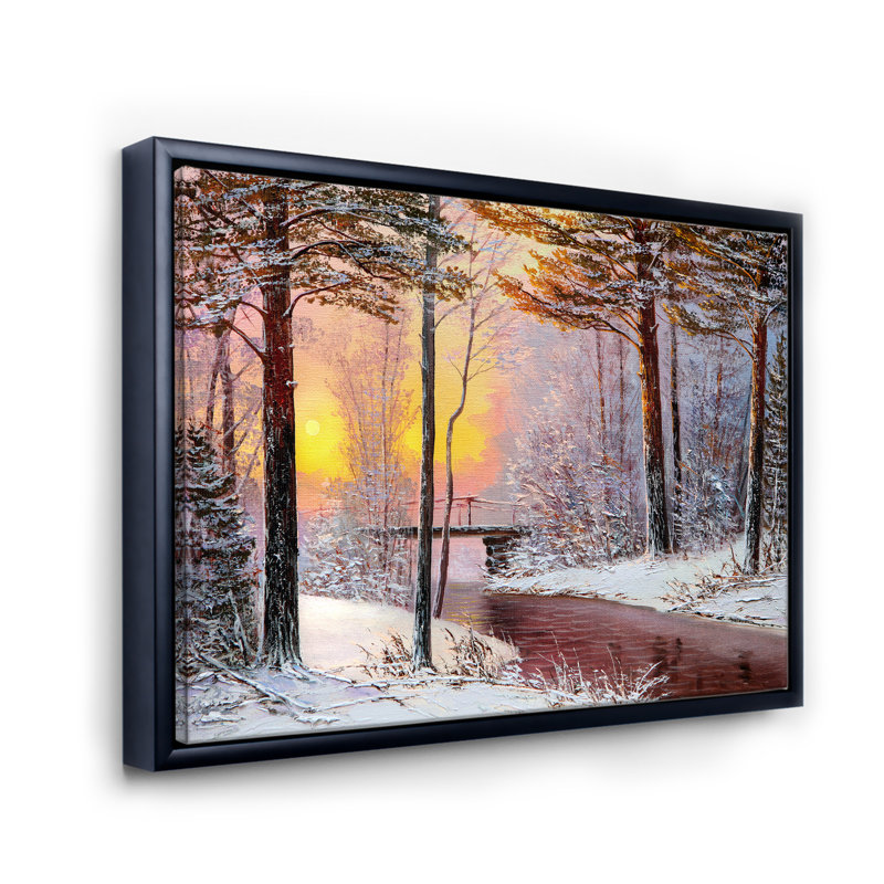 Forêt de Noël avec rivière et arbres IV - peinture sur toile, H 16 po x l 32 po x p 1 po, Cadre flottant noir