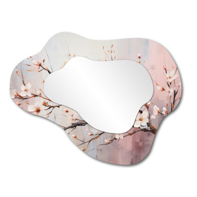 Krogman Pink and White Charming Spring Blooms - Flowers Asymmetrical Large Wall Mirror, White Cloud Decorative Mirror, Printed Metal Art