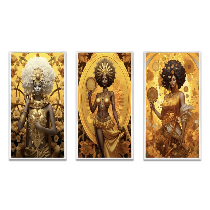 «African Floral Gorgeous Golden Goddess», 3 pièces, Cadre flottant blanc, H 20 po x l 36 po