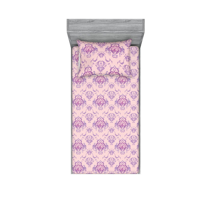 Ambesonne Fitted Sheet & Shams, Pale Pink/Violet Floral, Twin XL Sheet Set with 1 Pillowcase