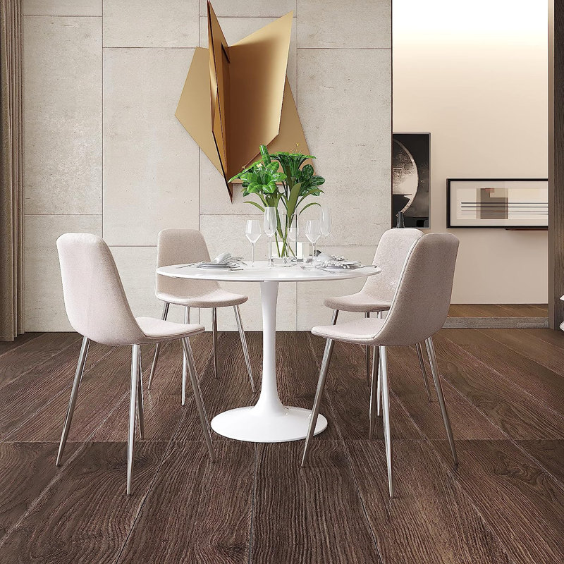 Kaydnce Upholstered Side Chair, Scoop-Back Curved Backrest, Foam Padded Seat w/Slim Legs, Chrome, Ivory