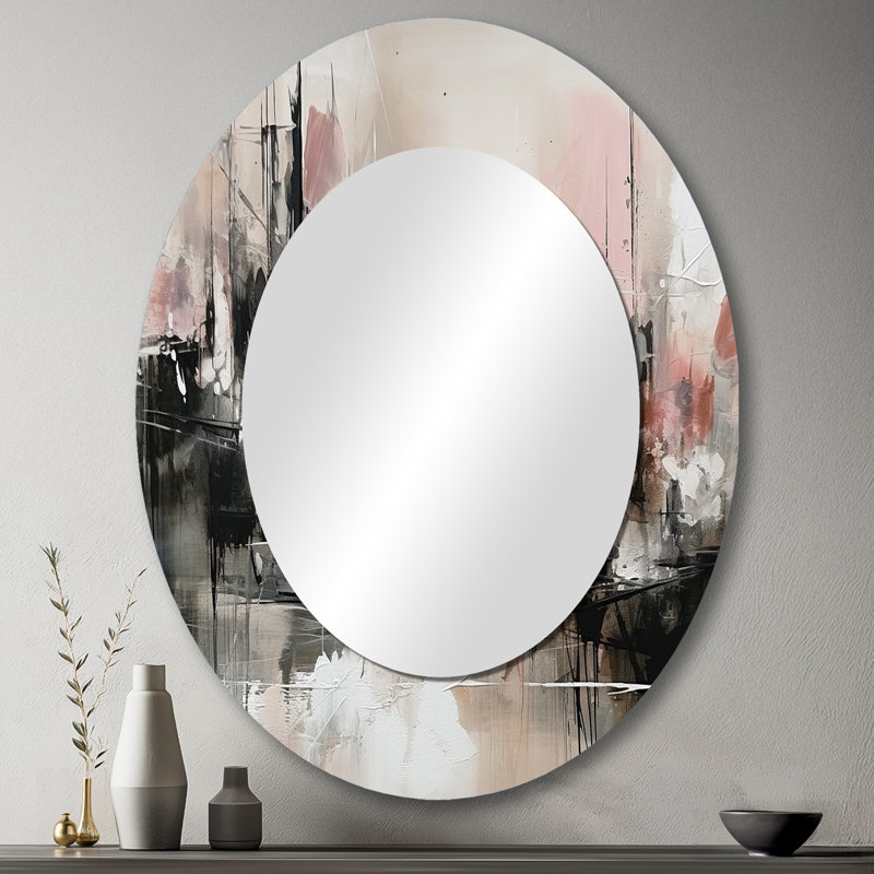 Rose noir et noir Minimalims Fludity I - miroir décoratif ovale abstrait sur métal, 43 po x 33 po