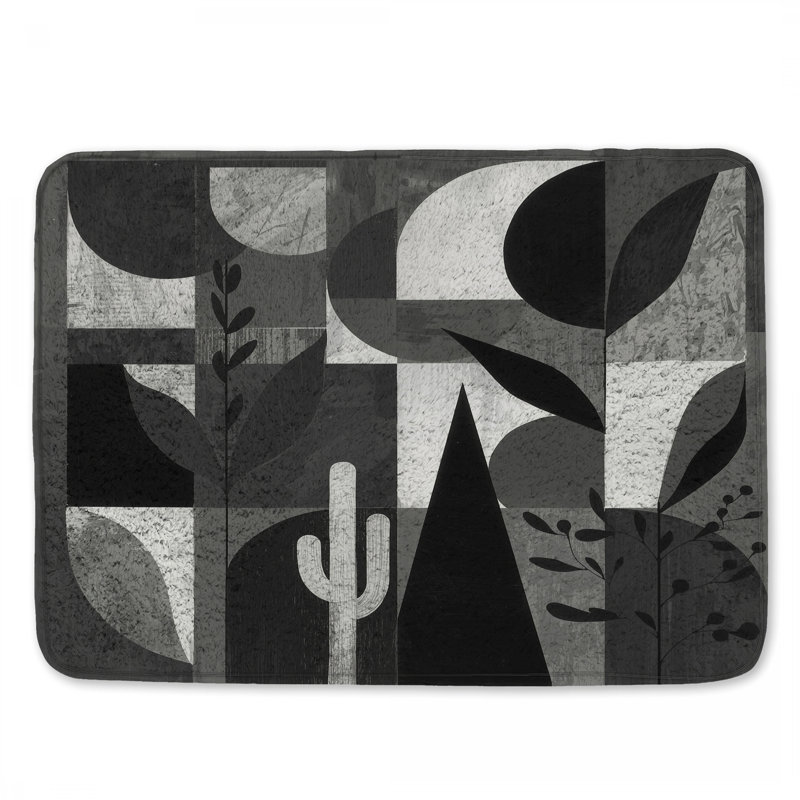 Tapis de bain monochrome à feuilles géométriques et cactus, L 34 po x L 21 po