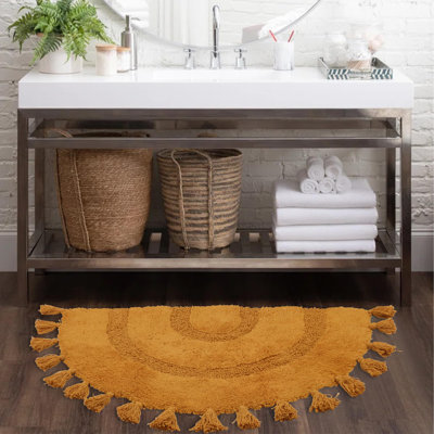 Tapis de bain demi-cercle Boho avec pampilles 100% coton tissé à la main Tapis de bain antidérapant avec sous-tapis Tapis de bain Boho lavable pour baignoire, douche 20 po x 32 po, moutarde