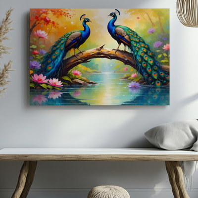 Colorful Peacocks On Tree Branch Above Pond With Lotus Flowers Art Decor Canvas Wall Art Print For Living Room, Bedroom, Office, Hallway, Entryway, Gallery Wall And Modern Home Decor