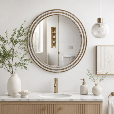 Miroir mural rond décoratif avec cadre rustique à perles 35,43 po