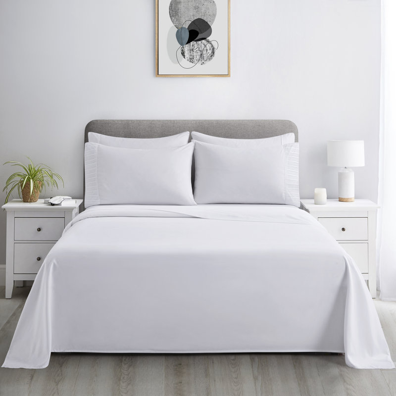 Ensemble de draps plissés en rayonne de bambou toutes saisons 4 pièces avec taies d'oreiller Marina, Blanc