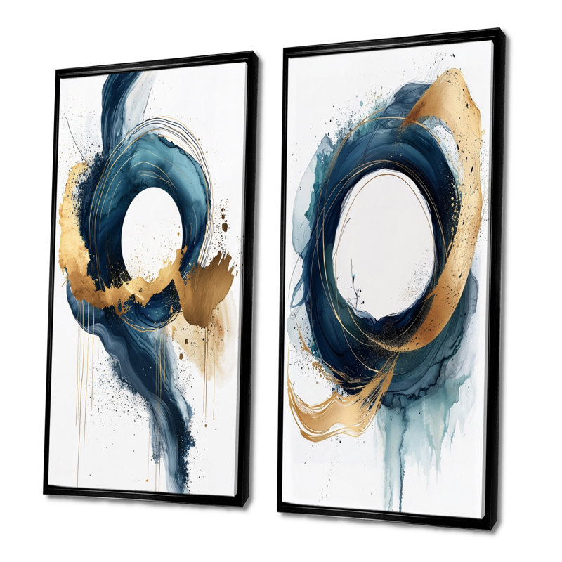 Abstrait or et bleu vie sous-marine I - ensemble de 2 pièces d'art abstrait, H 32 po x l 32 po, Cadre flottant noir