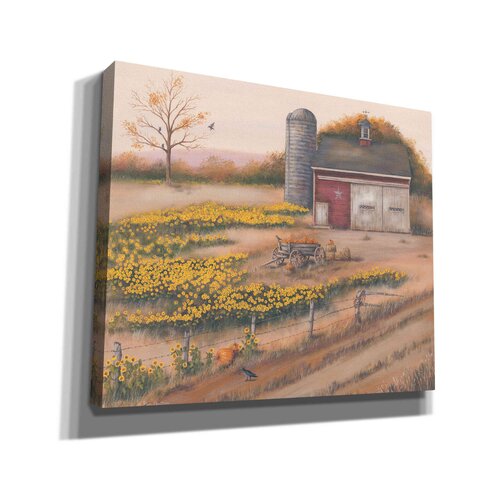 Rosalind Wheeler Barn and Sunflowers I by Pam Britton - Wrapped Canvas ...