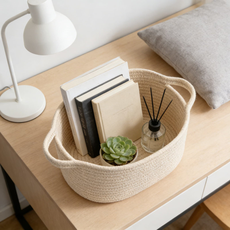 Handwoven Cotton Storage Basket With Reinforced Handles, Collapsible Decorative Organizer For Nursery, Home, And Gift Giving
