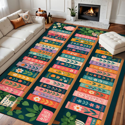 Tapis lavable 274 x 366 cm, motif étagère illustrée colorée, tapis à poils courts avec envers antidérapant en TPE, motifs floraux et végétaux, doux pour l'intérieur (salon, chambre, salle à manger, bureau).