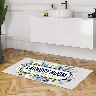 Laundry Room Rug Runner 18x47 inch  Non Slip Washable Floor Mat, Daisy Border With “WASH Dry FOLD Repeat” For Mudroom Entryway Kitchen Landing Decor