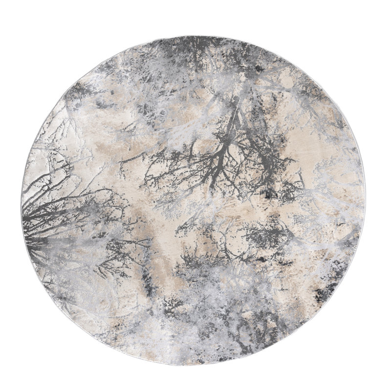 Tapis rond ivoire en polyester tissé à la machine Henretta, Rond 5 pi 3 po
