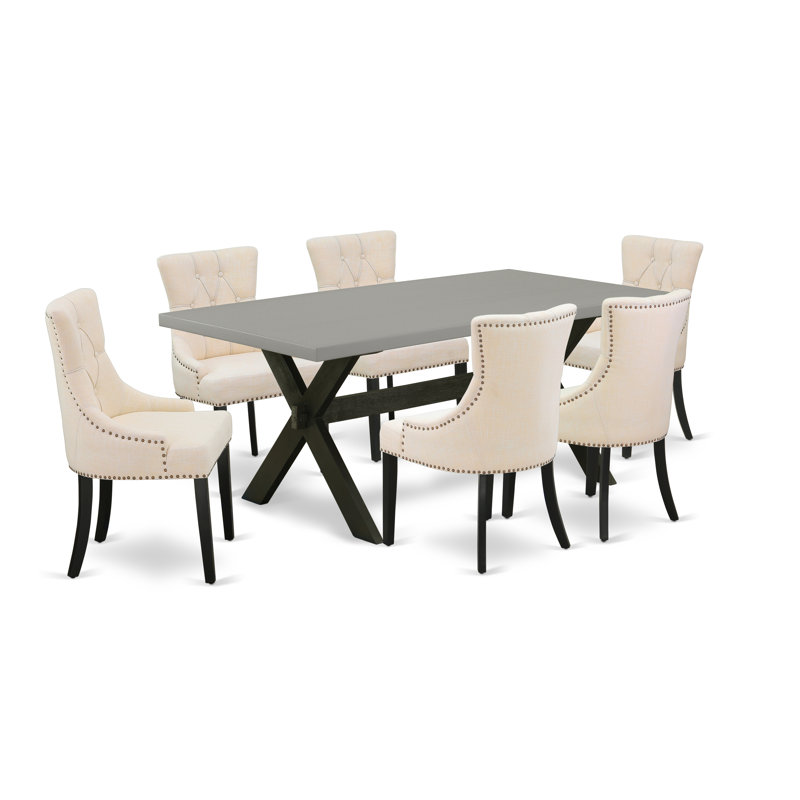 7 Piece Dinette Set Consist of a Rectangle Dining Room Table with X-Legs and 6 Light Beige Linen Fabric Parson Dining Chairs, Wire brushed Black