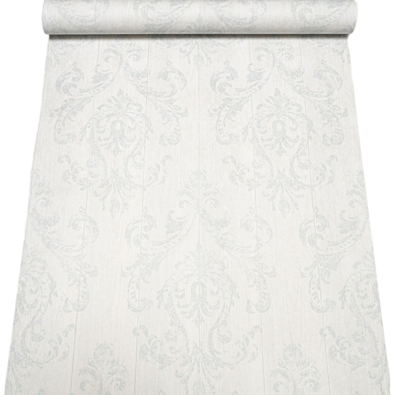 Grandeco Modern Shabby Chic Wood Plank Damask Wallpaper Distressed White Cream 32017