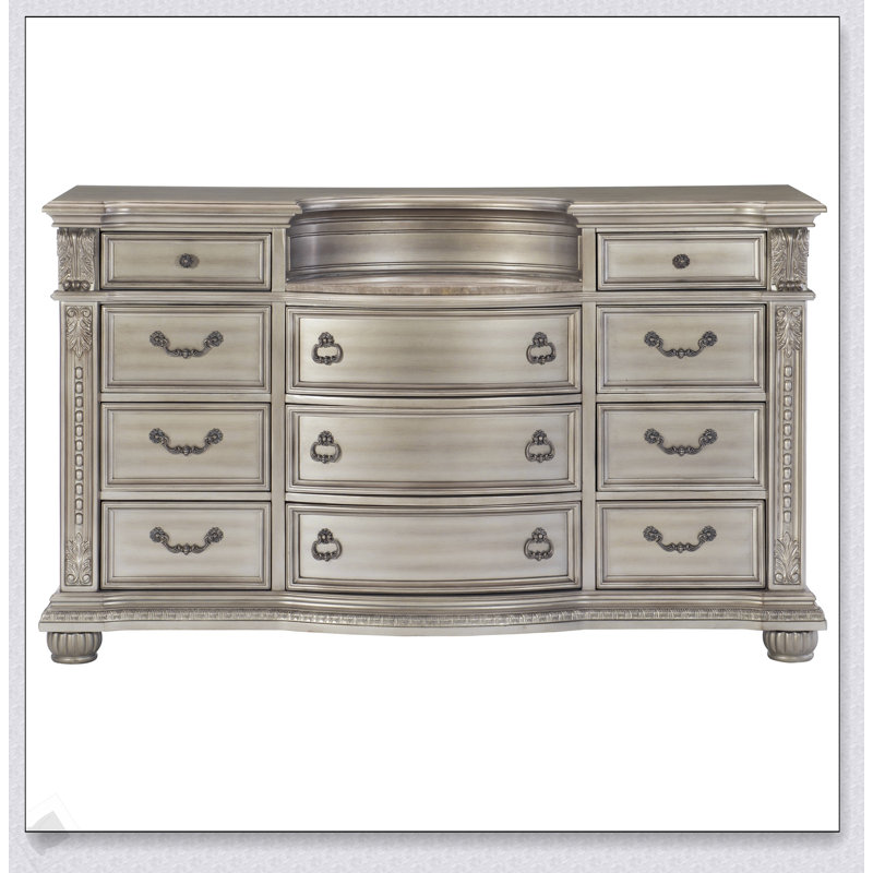 Commode de luxe 1 pièce avec finition argentée et 11 tiroirs et insert en marbre véritable pour chambre à coucher traditionnelle