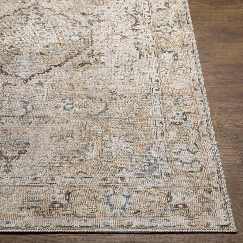 Colpitt Oriental Machine Washable Area Rug in Beige, Rectangle 6'7" x 9'