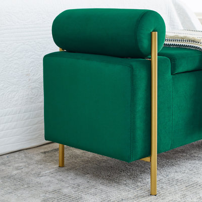 Élégant banc de rangement rembourré en velours avec accoudoirs cylindriques et pieds en fer pour le couloir salon chambre