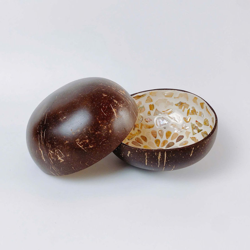 Decorative coconut seashell inlay lacquer bowl set of 2, Floral 2, Cream