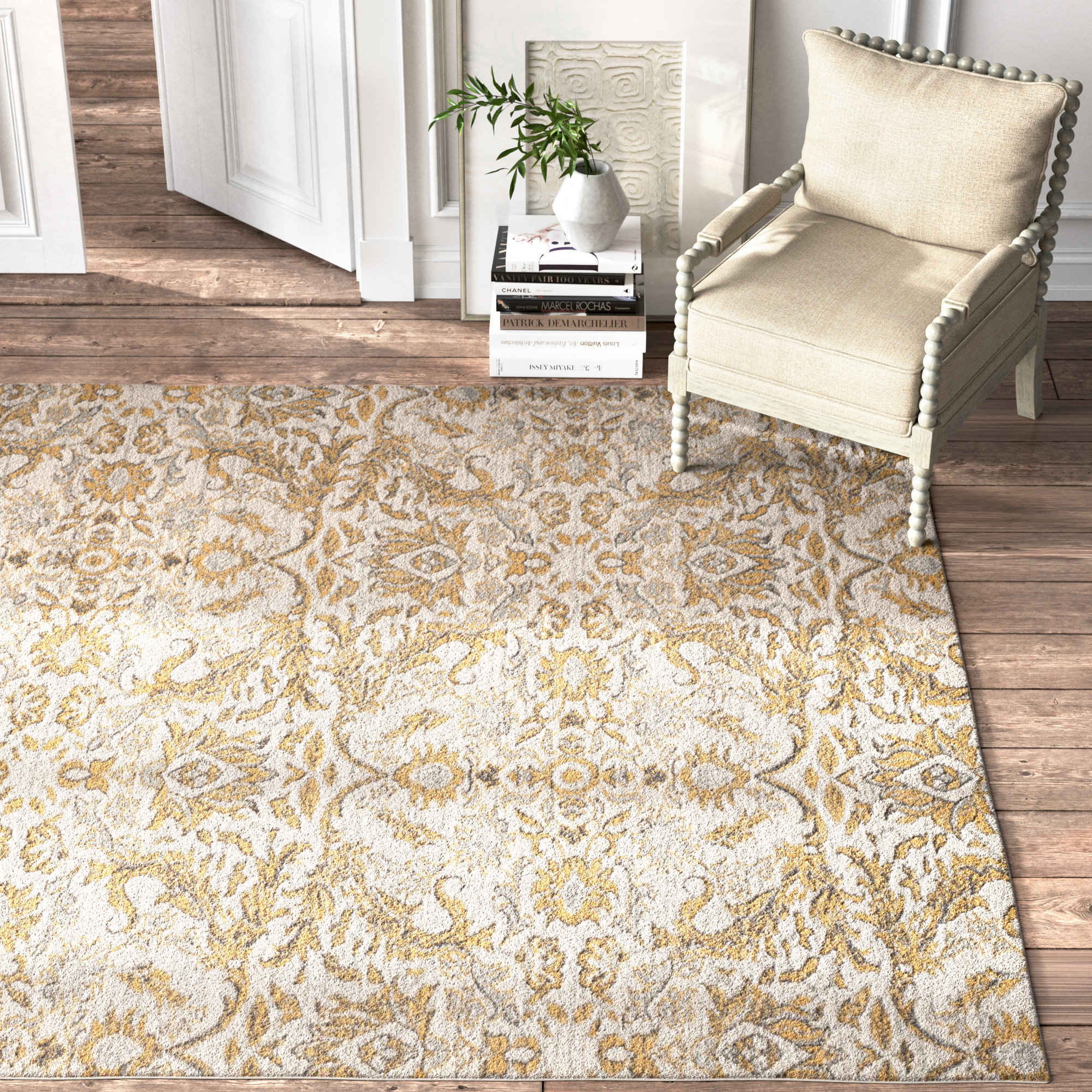 Adie Damask Ivory/Gold Area Rug