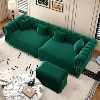 89" Velvet Upholstered Chesterfield Sofa King-Size Pull-Out Sofa Bed, Convertible Sleeper Couch with 4 Pillows, Green ﻿ ﻿