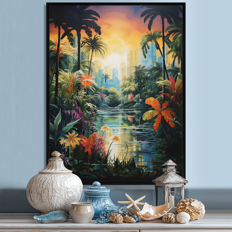 Oasis tropicale, palmiers, paradis du sud - décor d'art mural bord de mer tropical, Toile avec cadre flottant noir