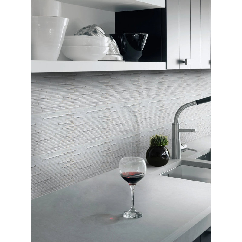 White Shadow Glass Mix Thin Strip 12-In X 12-In Glass Mosaic Wall Tile(1-Sq. Ft/ Piece), White