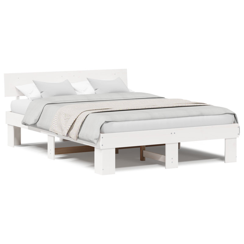 Bed Frame with Headboard Solid Pine Wood, European Double (140 x 200 cm), White