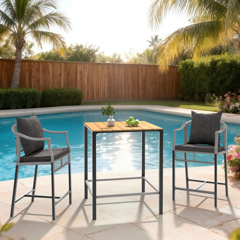 3-Piece Patio Bar Height Set Of Square Bar Table And Pe Rattan Wicker Bar Chairs