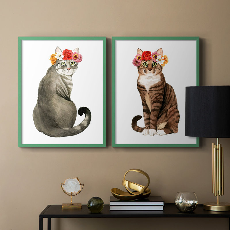«Flower Crown Cats I», reproduction encadrée de qualité supérieure - prête à être accrochée - aucun clou requis - aucun clou requis
