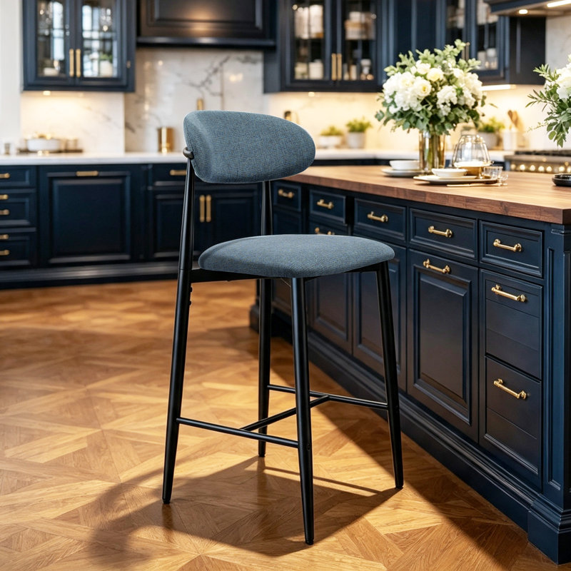 Tabouret de bar rembourré à hauteur de comptoir avec cadre en métal et repose-pieds (lot de 1), Bleu, Noir