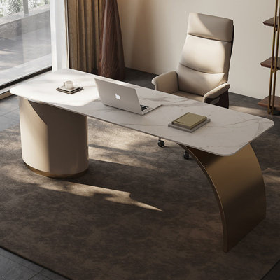 Bureau à 3 tiroirs doré + kaki fritté rectangulaire + bois manufacturé + acier inoxydable