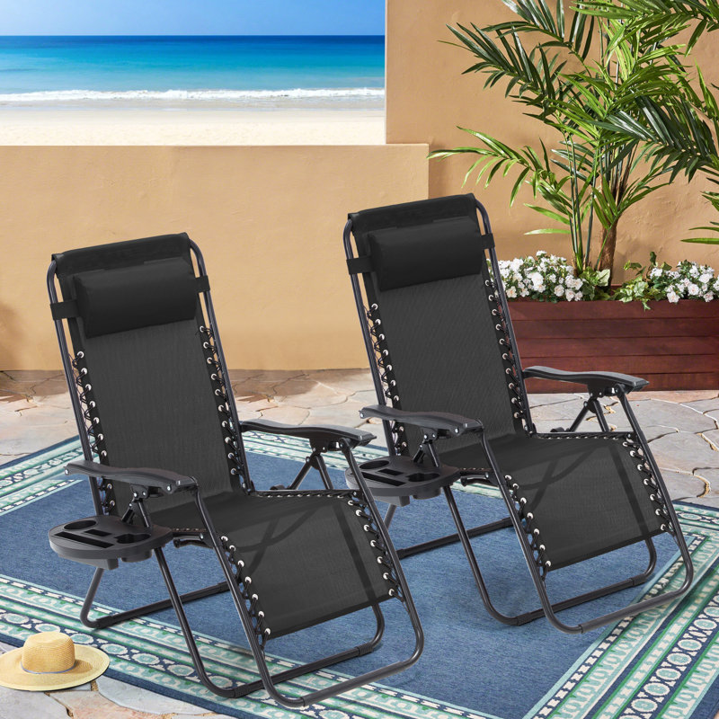 Set of 2 Zero Gravity Lounge Chairs, Folding Reclining Patio Chairs with Cup Holder & Headrest, Black