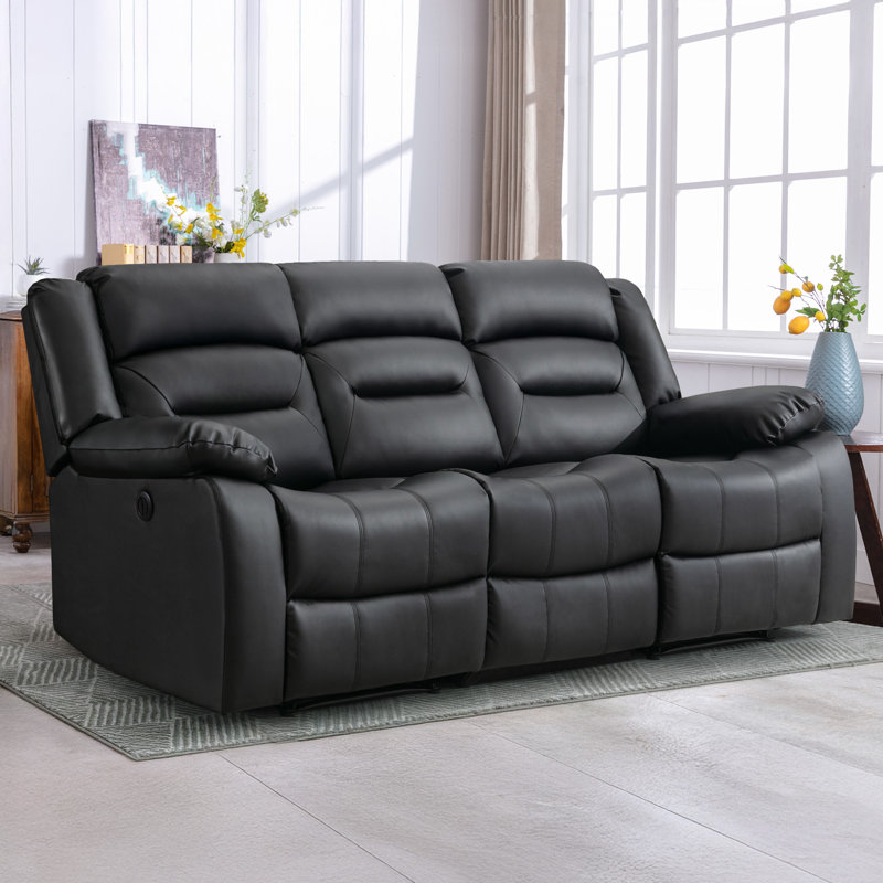 Brenaya 83.4" Modern and Oversize Soft Breathable Faux Leather Power Reclining Sofa, Black Faux Leather