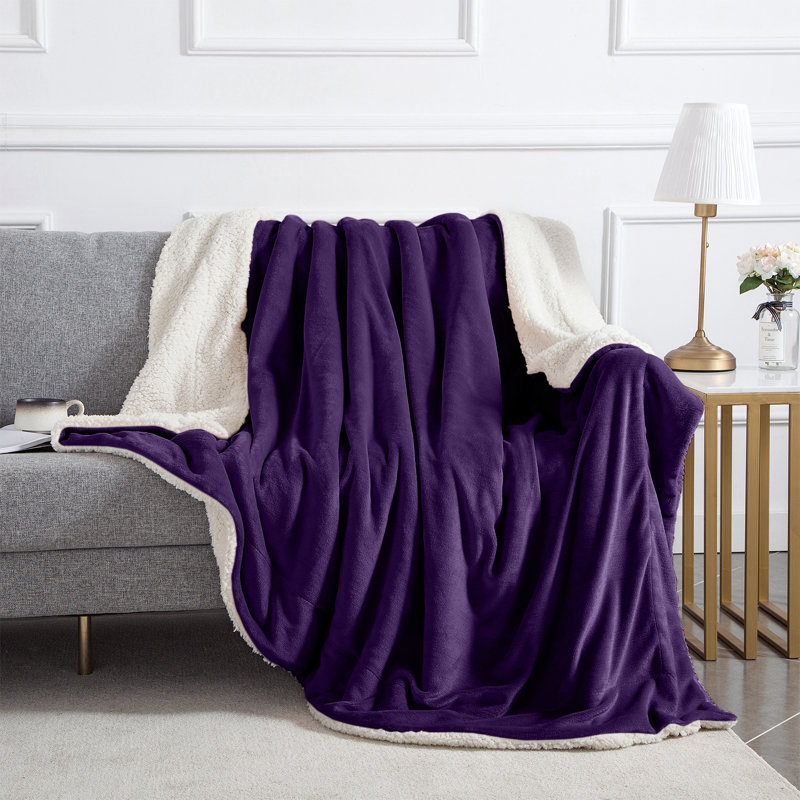 Kaylie Soft Sherpa Fleece Fur Thick Dual Sided Reversible Blanket Throw, Purple, 130cm x 150cm