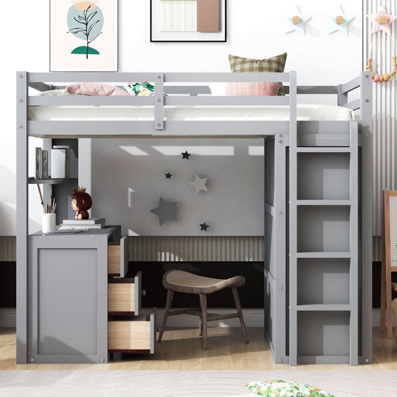Lit mezzanine avec tiroirs, bureau et garde-robe, Lit simple, Gris