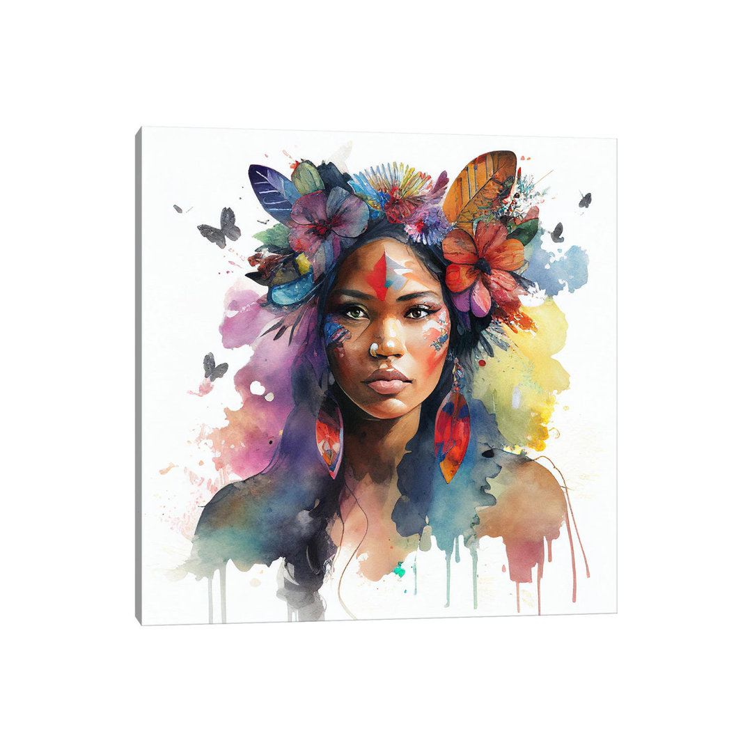 Watercolor Floral Indian Native Woman I von Chromatic Fusion Studio - Gallery-Wrapped Canvas Giclée on Canvas