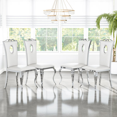43.3" High Faux Leather Dining Chair Set, High Back Round Hole Backrest And Curved Stainless Steel Legs