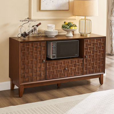 Farmhouse TV Stand with Storage, 56" Console Cabinet for TVs up to 55 Inch with Cabinets, Large Drawer and Open Shelf, Wood Grain Finish, Solid Wood Legs