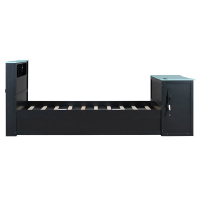 Lit de jour simple en bois avec lit gigogne simple, bureau, lumière DEL et USB, noir et bleu