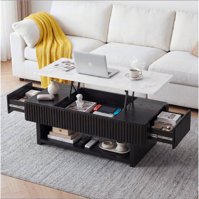 Table basse à plateau relevable rectangulaire de 46,5 po avec tiroir et rangement caché, table cannelée moderne avec plateau en marbre et bandes de bois massif, table centrale multifonctionnelle pour les petits espaces, salon