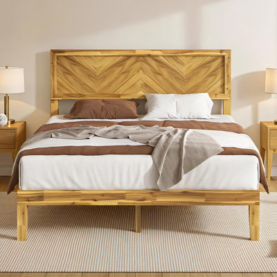 Mid Century Modern Solid Wood Full Size Platform Bed Frame With Tall Headboard And Wood Slats, Yellow Brown