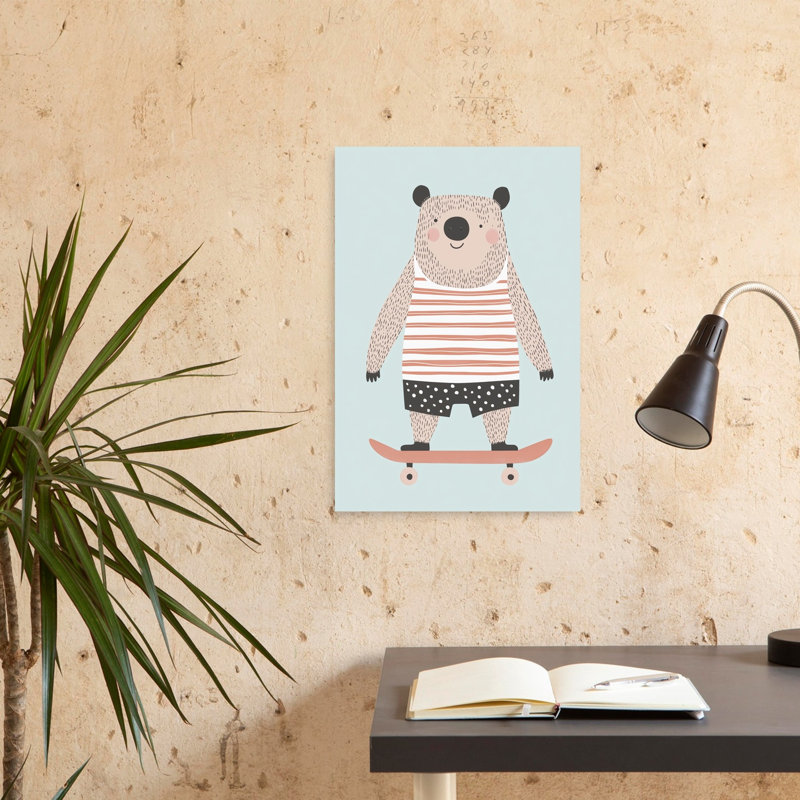 Cute Bear On Skateboard Playful Contemporary Bear Summer Wall Art Print 1 Piece Wrapped Canvas Wall Art